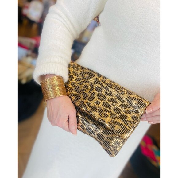 NWT Shiraleah Ty Fold Leopard Clutch Gold Aluminum Mesh, MSRP $65 - Picture 2 of 4